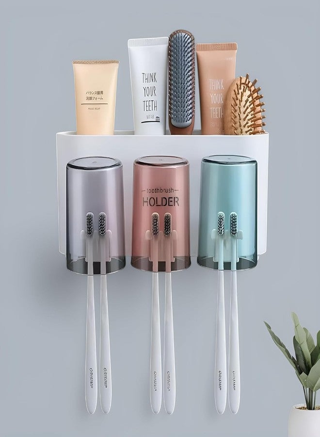 SWAZE Wall Mounted Toothbrush Holder for Bathroom - Stickable Brush Stand with Cover | Tooth Brush & Paste Holder for Bathroom Wall | Bathroom Brush Holder for Wash Basin | Plastic Stand Set (3 Cups) - Image 1